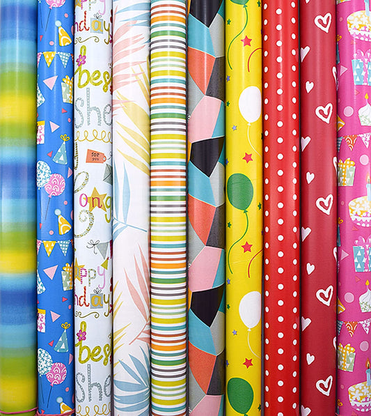 10 rolls of gift wrapping paper, birthday, celebration neutral 2m x 0.7m