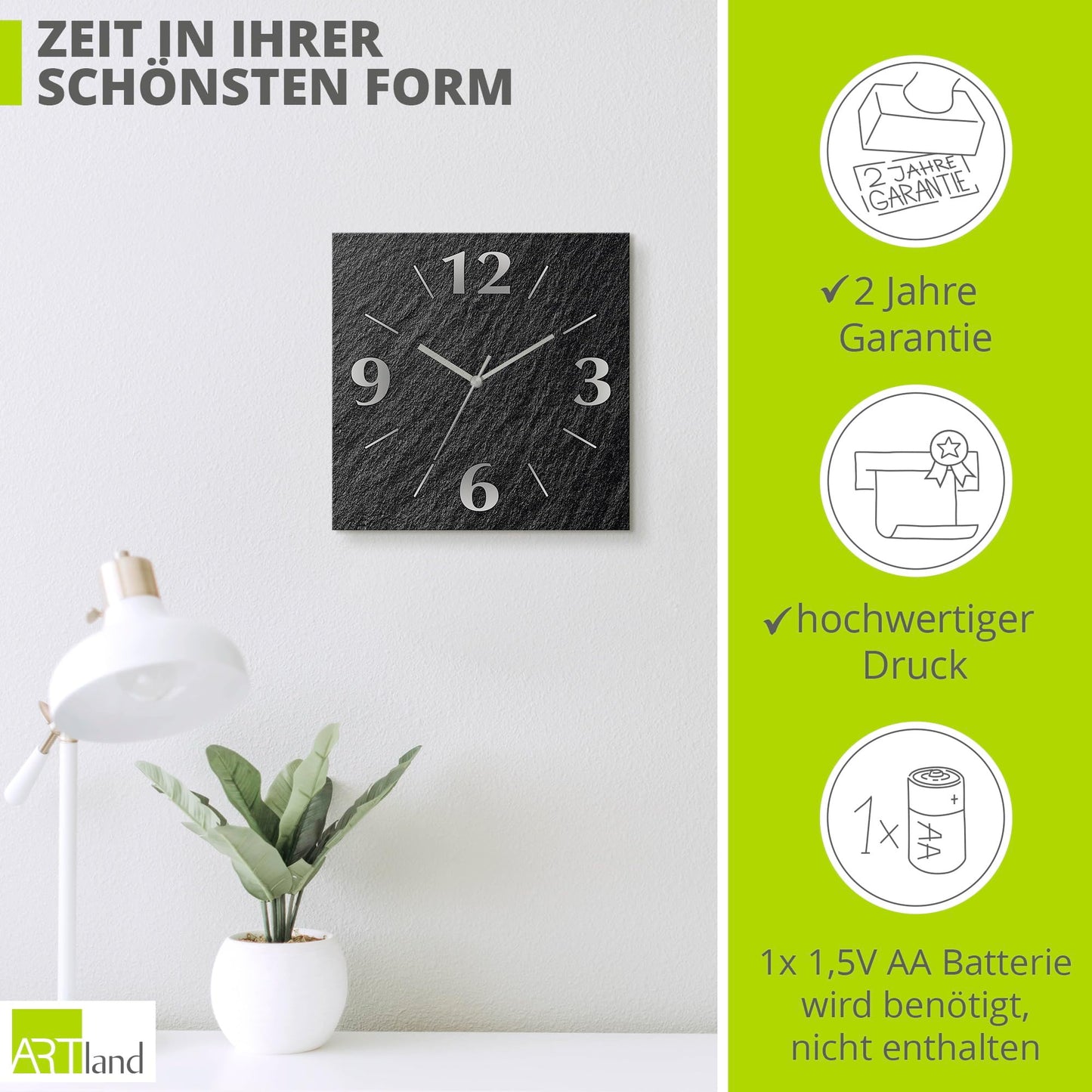 ARTLAND wall decoration wall clock without ticking noises aluminum quartz clock 30x30 cm square silent analog quartz clock, 4 digits 30x30 cm slate look U1RE