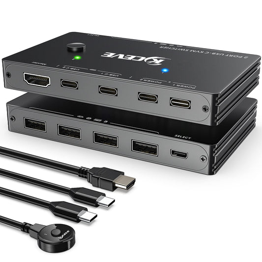 USB-C KVM switch for 2 Type-C computers, KCEVE KVM Type-C switch supports 4K @ 60Hz, sharing keyboard, mouse, and monitor, supports 87W PD fast charging.
