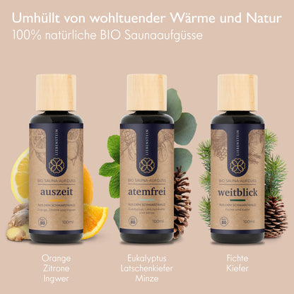 Liebenstein® ORGANIC Sauna infusion SET "Feel-good Trio" [3x100ml sauna infusions] with 100% pure organic oils - regional and sustainable - Black Forest Sauna Set for an intense aroma experience.