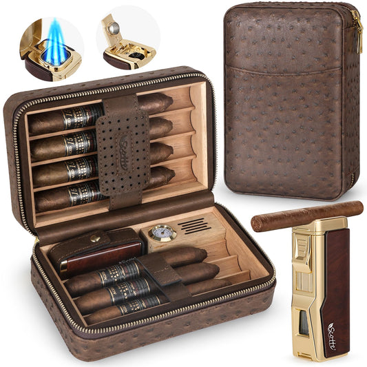Scotte Portable Travel Cigar Humidor Case and Cigar Lighter Set (Holds 7 Cigars)