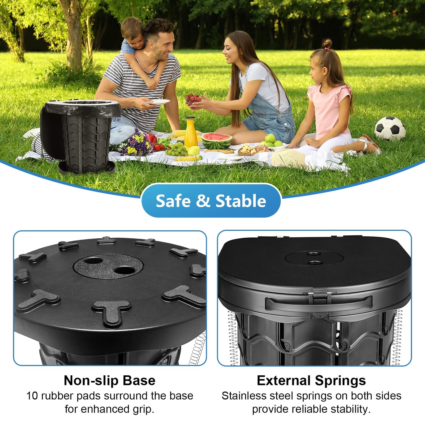 Upgraded camping toilet foldable with spring, includes lid and 10 trash bags. Ideal for camping, hiking, fishing, and parties. Supports up to 180kg.