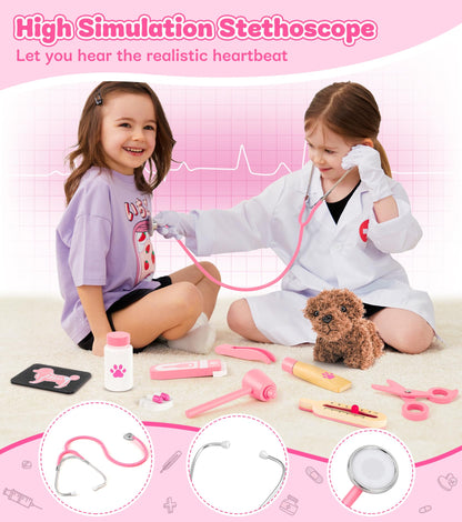 Ophy Kids Wooden Doctor Kit, Vet Toy for Kids with Plush Dog, High Simulation Stethoscope, Role-Playing Kids Vet Playset, Doctor Costume, Birthday Gifts for Girls Boys 3 4 5 6 Years.