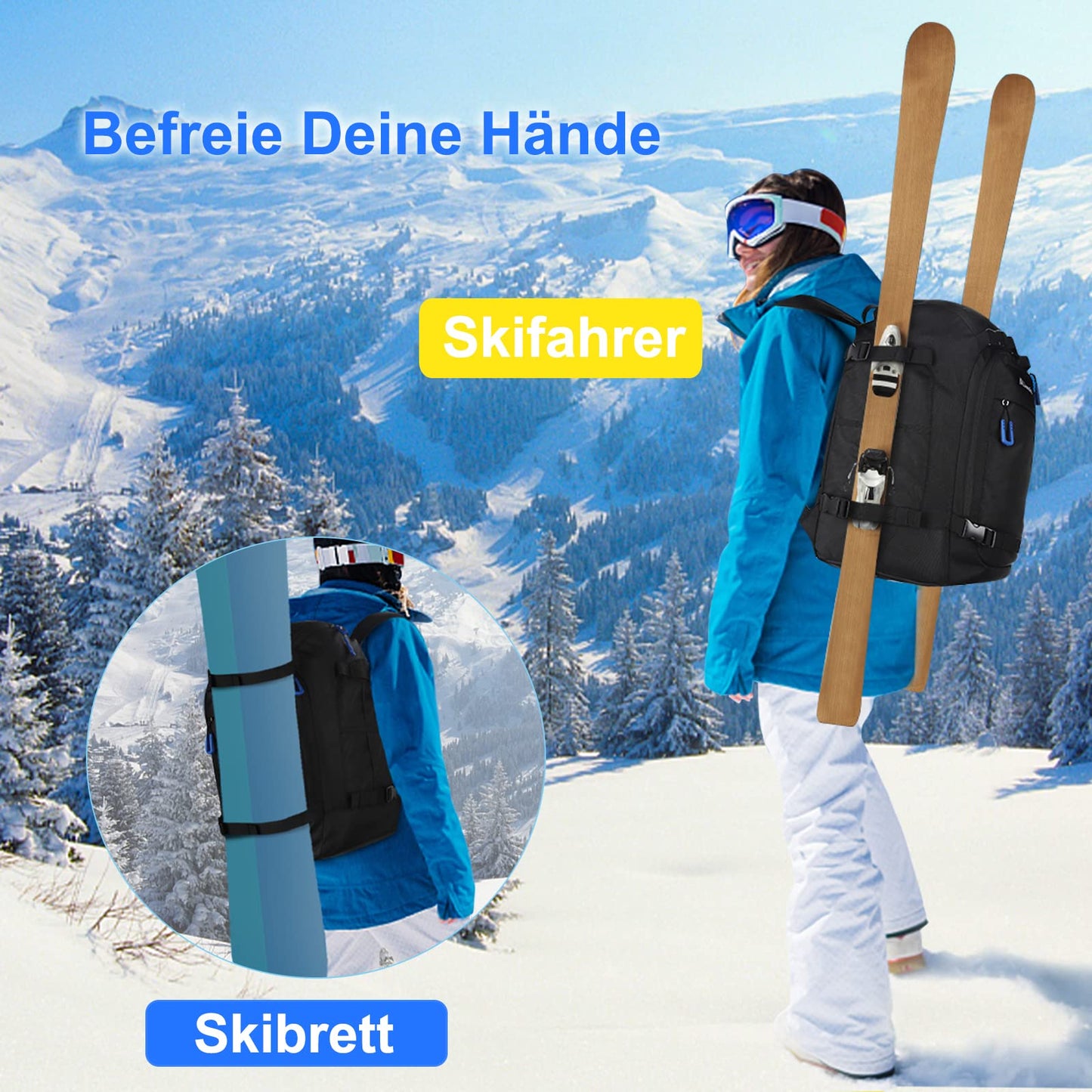 YITGOG ski boot bag with helmet compartment 50L 1680D Nylon ski backpack ski boot backpack with helmet pocket ski bag siksack for ski boots ice skates snowboard inline skates (blue)