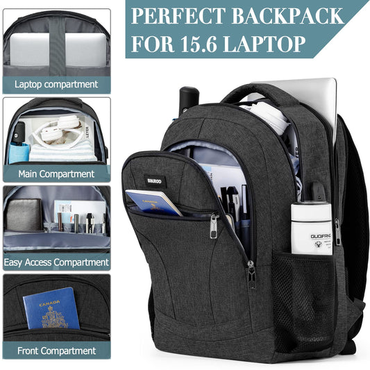 BIKROD backpack for men, school backpack for teenage boys, 15.6 inch laptop work daypack with USB charging port for business, hiking, travel, camping school bag, black