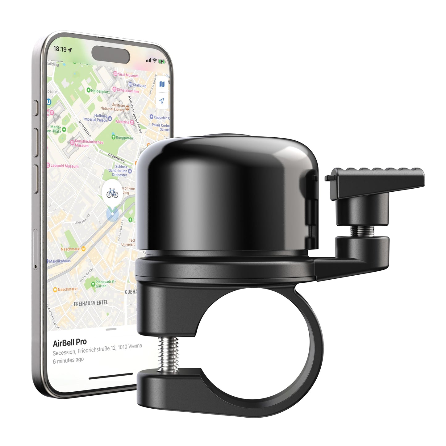 AirBell Pro - Bike bell with built-in tracker for Apple Find My network, AirTag alternative (22.2mm standard handlebar)