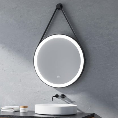 Illuminated bathroom mirror from Heilmetz, 50cm in diameter. LED light with 6500K cool white color, dimmable with touch switch. Round mirror with black frame and removable strap.