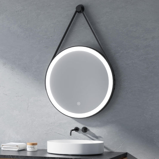 Illuminated bathroom mirror from Heilmetz, 50cm in diameter. LED light with 6500K cool white color, dimmable with touch switch. Round mirror with black frame and removable strap.