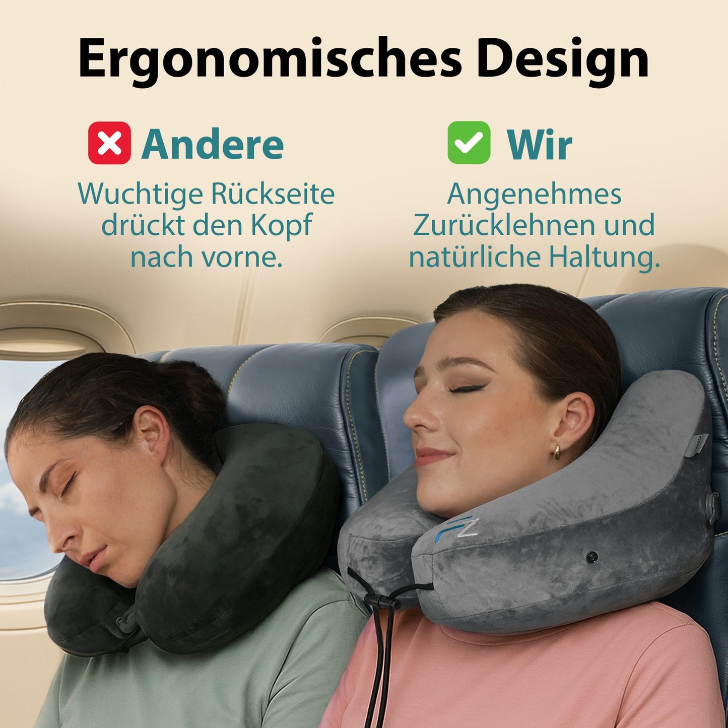 FLOWZOOM Inflatable Airplane Travel Pillow with H-Design, 5 Sleep Positions, and Hood in Grey.