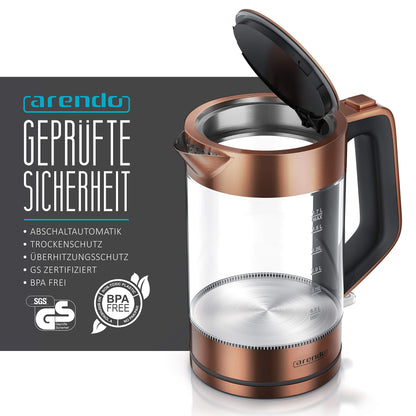 Arendo - Glass kettle stainless steel - 1.7 liters - 2200W - Cool Touch handle - One Touch closure - automatic shut-off - integrated cord storage - overheat protection - Copper design