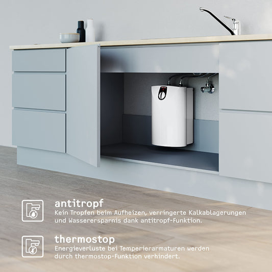 STIEBEL ELTRON pressurized mini storage water heater SNU 5 SL, 5l, undersink unit, anti-drip and thermostop function, with 230V plug, 2 kW, 221115