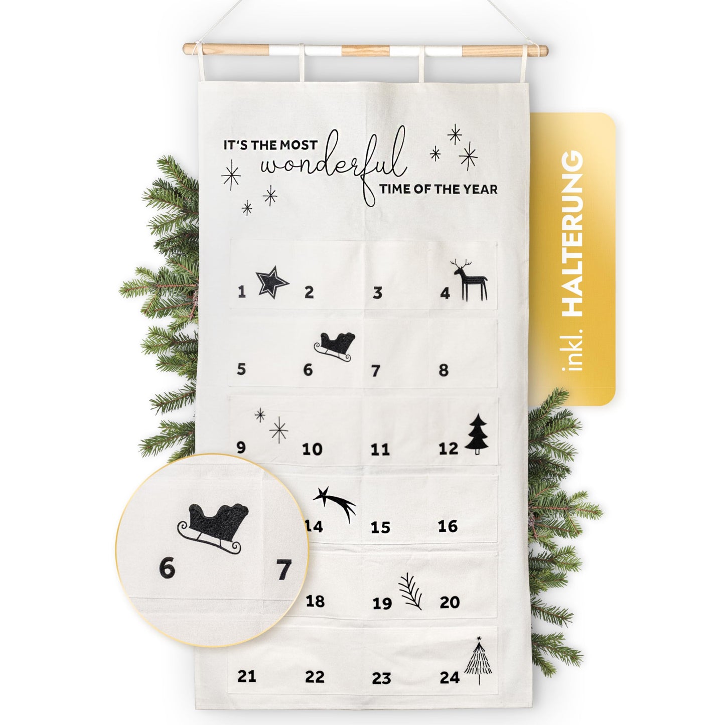 AMARI ® Filling Advent Calendar Black & White - XXL wall calendar (70 x 130 cm) with 24 compartments for crafting for Christmas - Hanging fabric advent calendar - Christmas calendar