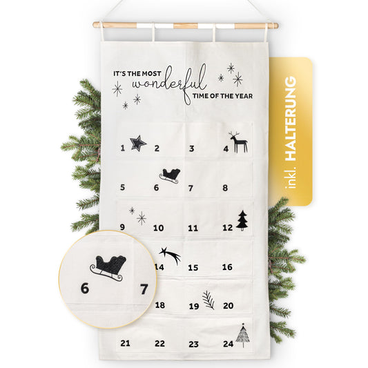 AMARI ® Filling Advent Calendar Black & White - XXL wall calendar (70 x 130 cm) with 24 compartments for crafting for Christmas - Hanging fabric advent calendar - Christmas calendar