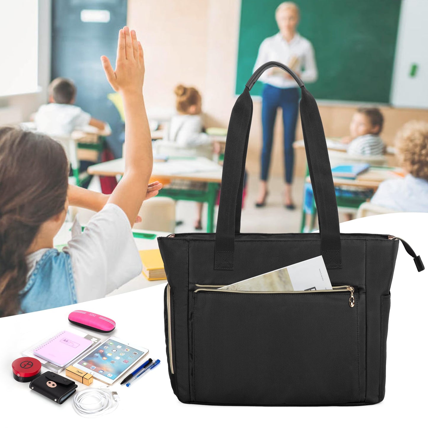 CURMIO Teacher Work Bag for Women, Portable Teacher Tote with Padded Sleeve, Briefcase with Compartments for Laptop, School Supplies, Teacher Supplies, Empty Bag, Black