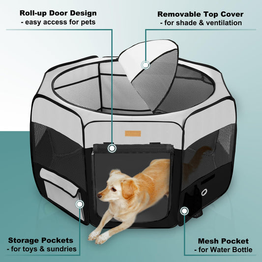 Akinerri pet playpen, portable, foldable, playpen for dogs/cats/puppies, exercise pen for dogs and cats, for indoors and outdoors, removable mesh shade cover.