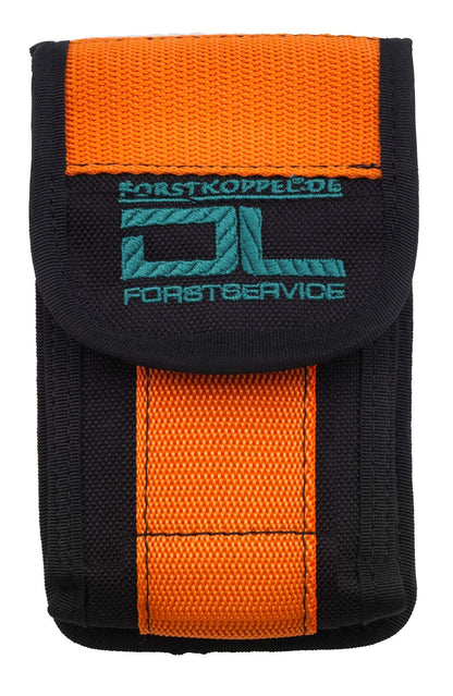 Shoulder strap with smartphone pocket in bright orange.