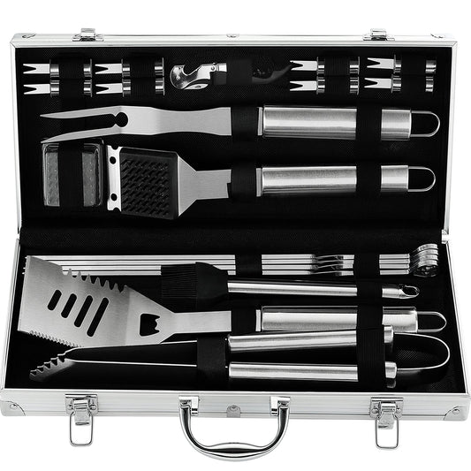 Grilljoy 20PCS BBQ Tool Set, High Performance Stainless Steel Grill Accessories in an Aluminum Case, Complete Outdoor Grill Kit, Perfect BBQ Set - Gift for Men and Women
