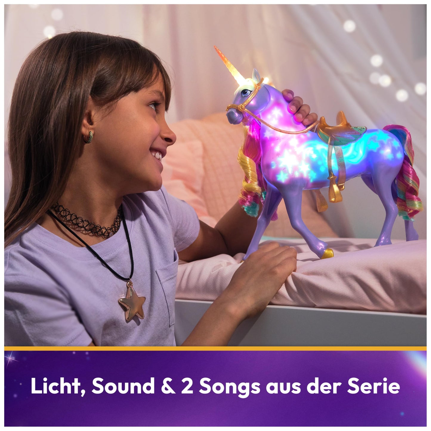 Unicorn Academy Set - Sophia and Light-Magic Wildstar, approx. 28 cm tall unicorn with light effects and music, plus 24 cm tall dress-up doll from the popular Netflix series, for kids ages 4 and up.