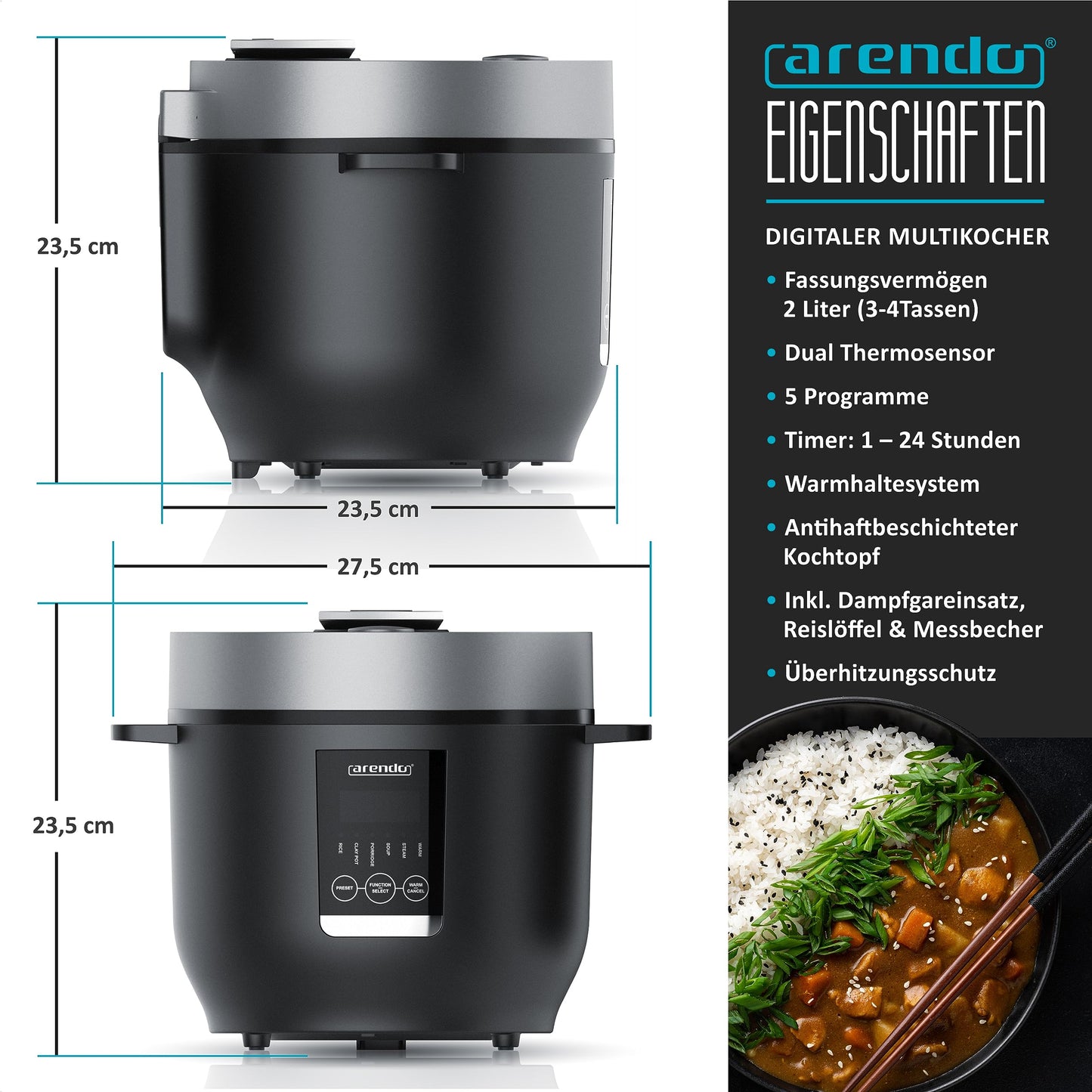 Arendo - Digital Multicooker 2 liters 350 watts Multicooker with steaming insert and measuring cup, rice cooker multicooker - 5 cooking programs - timer - non-stick coated - BPA-free