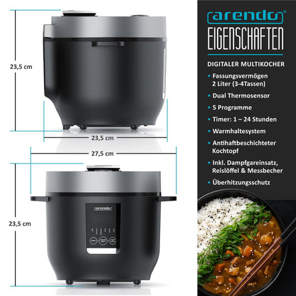 Arendo - Digital Multicooker 2 liters 350 watts Multicooker with steaming insert and measuring cup, rice cooker multicooker - 5 cooking programs - timer - non-stick coated - BPA-free