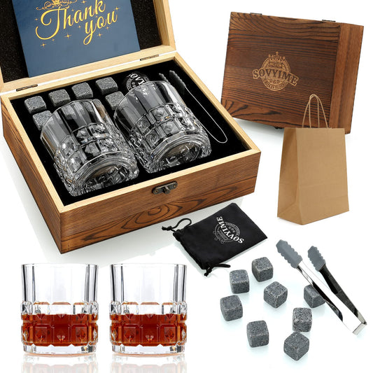 Whiskey Stones Whiskey Glasses, 2 glasses, 8 granite whiskey ice cubes, wooden gift box, gift for whiskey lovers/men/Christmas/birthday/Father's Day (310ml)