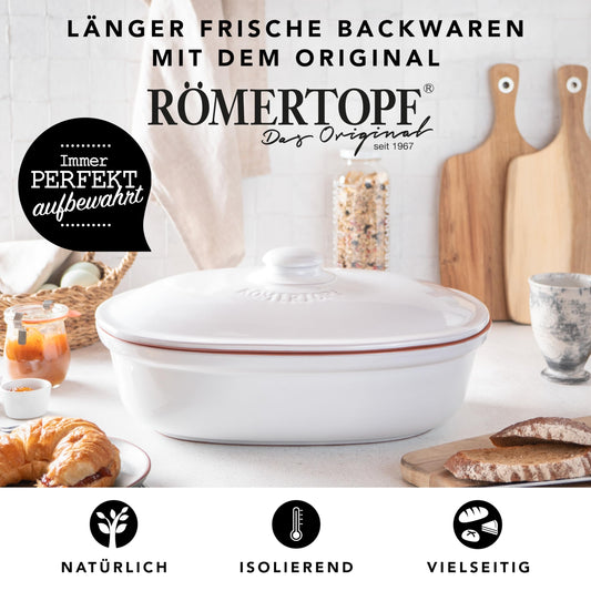 Roman pot bread pot white 6.5 liters - oval bread container made of natural ceramic with lid - for storing bread, rolls, fruit & vegetables - breathable & dishwasher safe.
