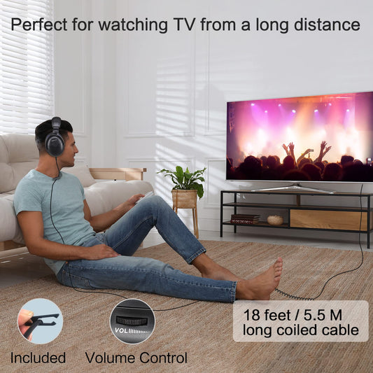 SIMOLIO TV headphones with long cable, over-ear headset for TV with sound amplification, tone and volume controls, 18ft coiled cable with clip, 3.5mm AUX & RCA audio, 40 hours playback time, SM-905TV.