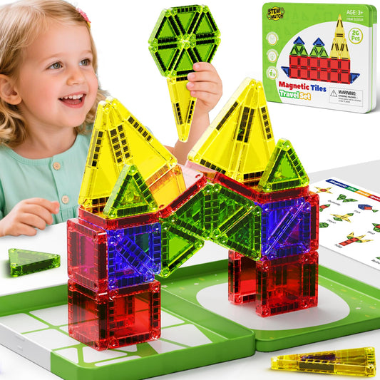 Magnetic Tiles Building Set Travel Toy for Kids Portable Travel MINI Magnetic Tiles Toy Magnetic Construction Kit Gift for 3+ Years Toddlers (26pcs Magnetic Tiles)