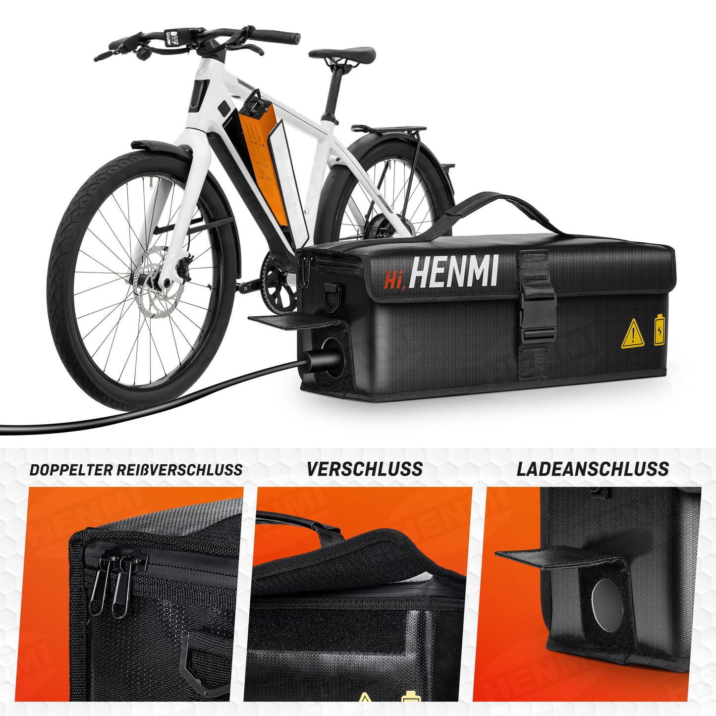 HENMI Ebike battery bag, 1000°C fireproof for safe storage, transportation, charging, 41 x 13 x 12 cm.