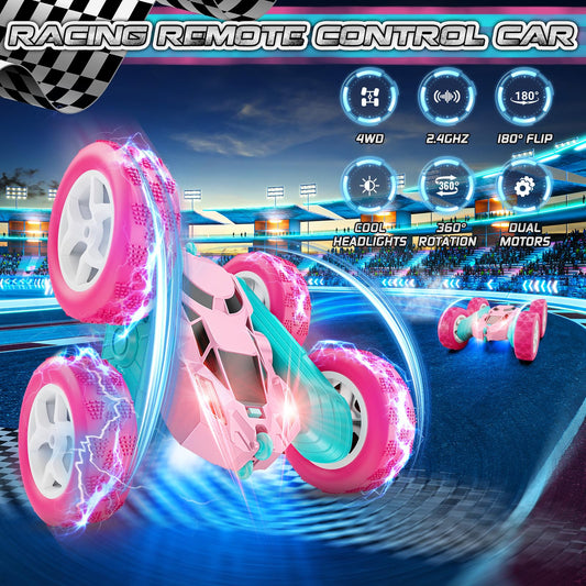 Cosone Remote Control Car for Girls, All-wheel Off-road Stunt RC Car with Headlights, Double-sided 360° Rotating Toy, Gifts for Kids 6+ (Pink)