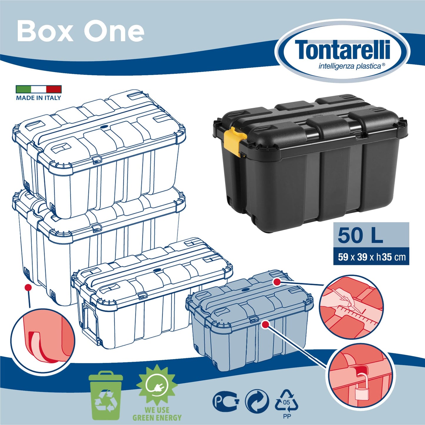 Tontarelli storage box with wheels, 50L storage bin shelf box with lid, stackable.