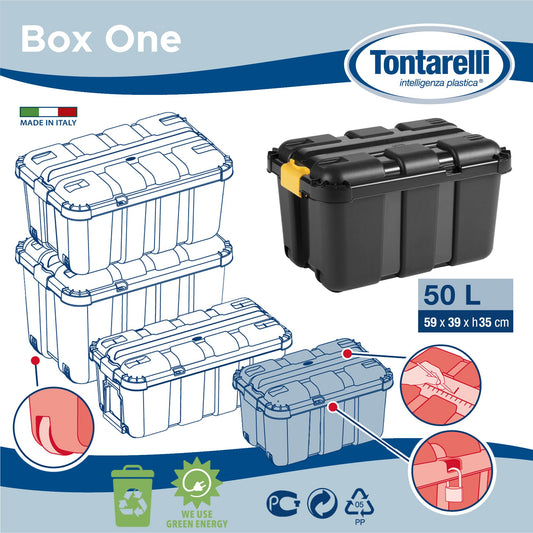 Tontarelli storage box with wheels, 50L storage bin shelf box with lid, stackable.