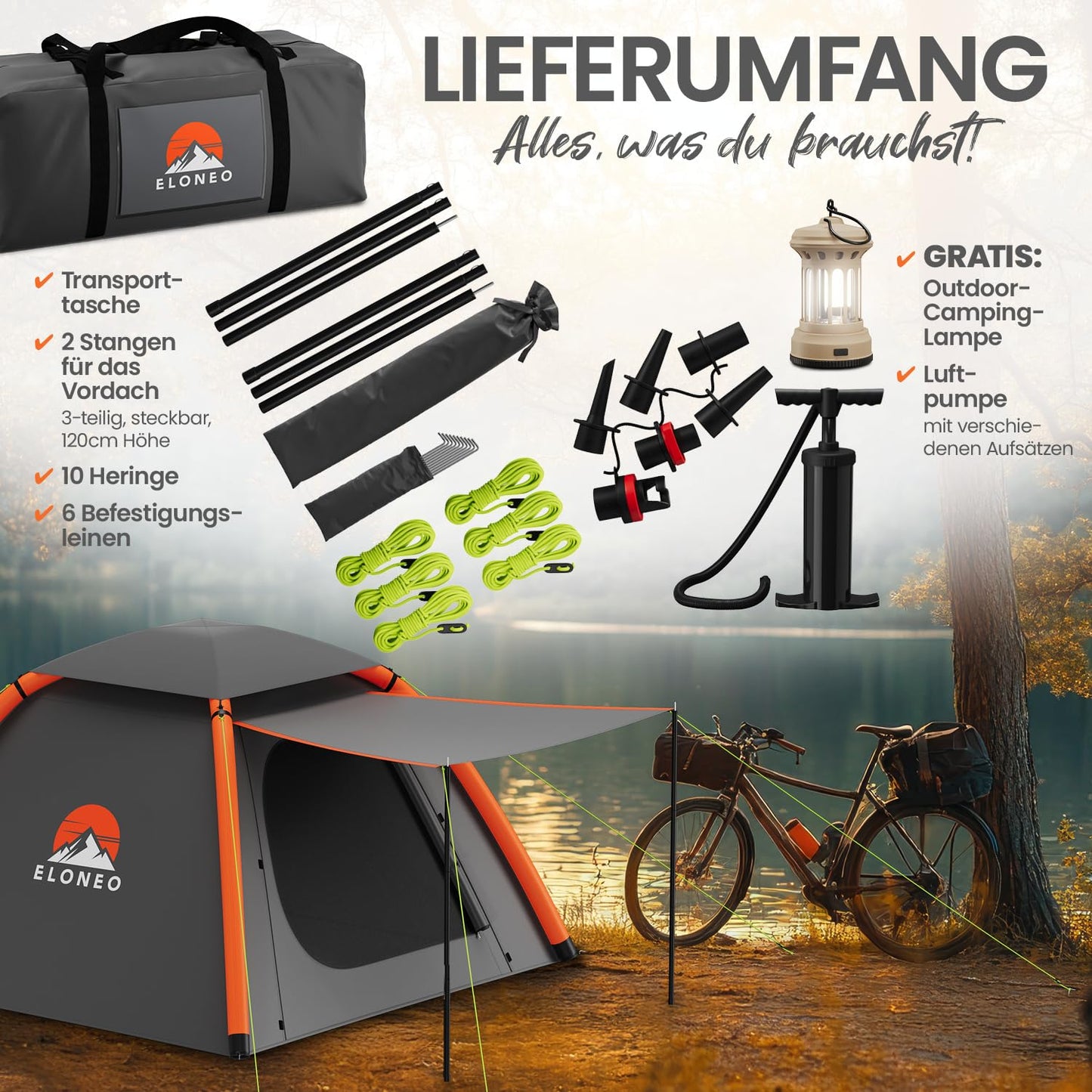 ELONEO inflatable tent for 1-3 people with canopy & air pump, waterproof camping tent, lightweight air tent, Inflatable Tent, Glamping tent with free LED light