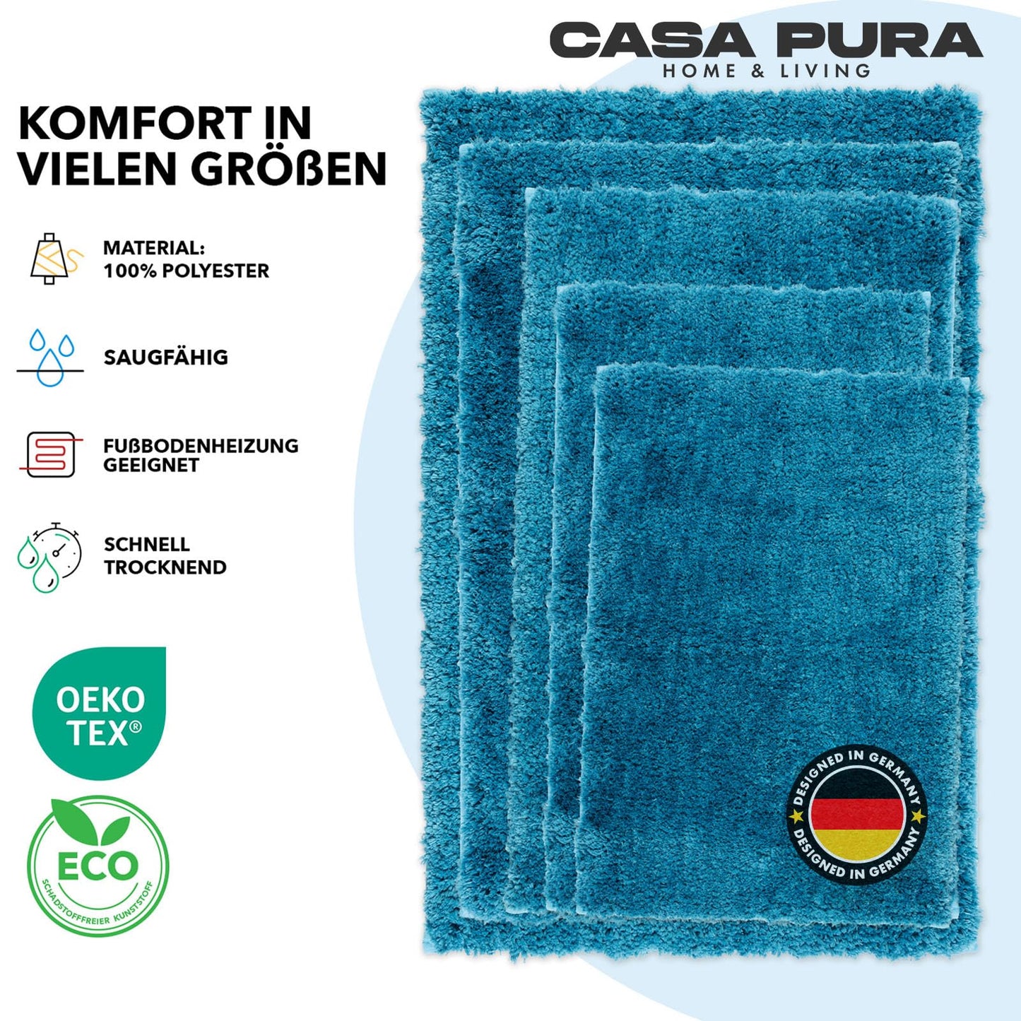 casa pura turquoise bath mat soft, fluffy bathroom rug in shaggy look, non-slip washable bath mat - shower mat, carpet floor mat for bathroom, shower 60x100 cm, Sky Soft