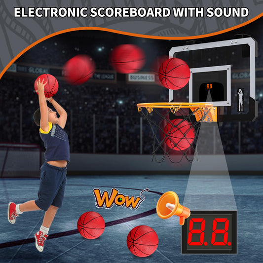 HYES Mini Basketball Hoop for Kids, Room Basketball Set with Electronic Scoreboard, 3 Ball Pump Indoor Outdoor Basketball Hoop, Sports Toy Basketball Board