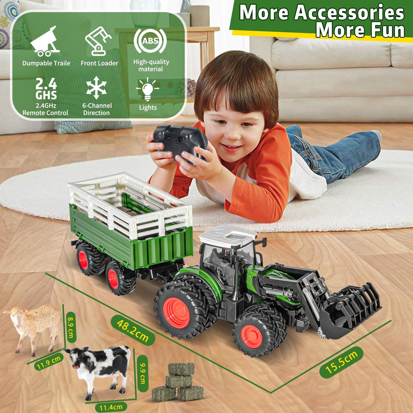 PENGBU RC Tractor Toy for 3 years and up, 2.4 GHz Remote Controlled Tractor with trailer, RC Farm Toy with remote control, cow and sheep, Gift for 2, 3, 4, 6 years old.