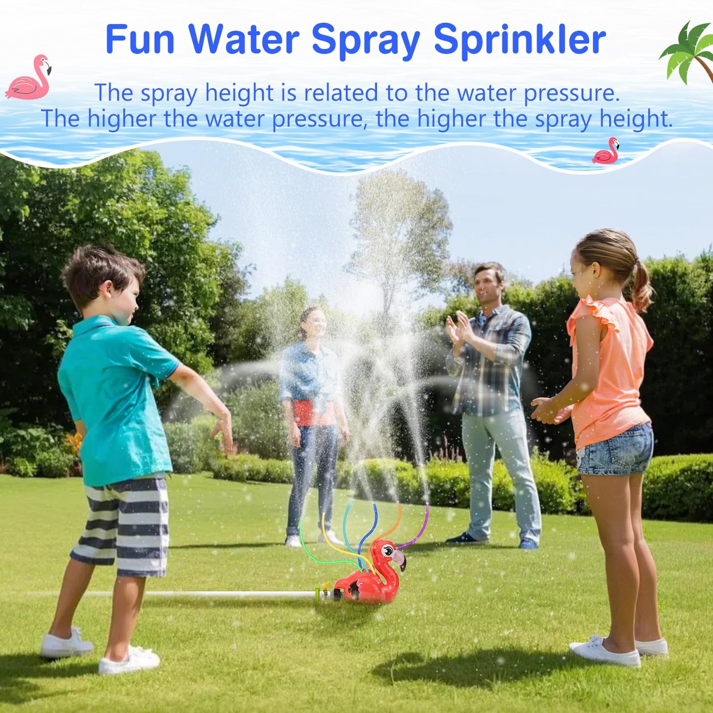 MoKo water sprinkler for kids, Flamingo outdoor water toy, pool toy with 6 hoses & 6 balls, summer fun water toy for garden, pool, pink flamingo.