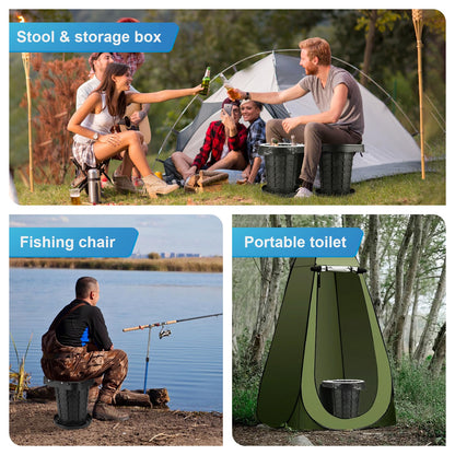 Upgraded camping toilet foldable with spring, includes lid and 10 trash bags. Ideal for camping, hiking, fishing, and parties. Supports up to 180kg.