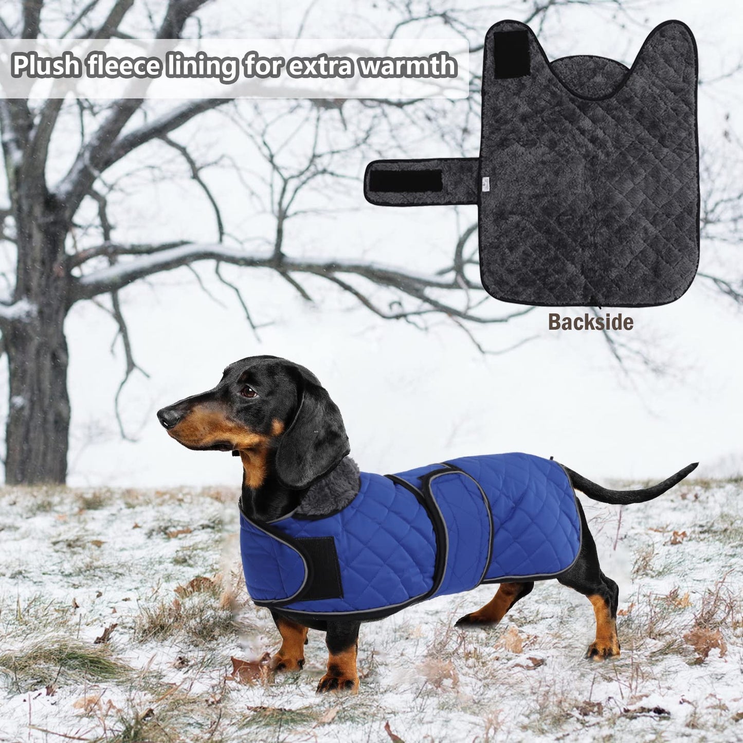 Geyecete - Warm winter coat for Dachshund dogs, dog winter jackets with plush lining, outdoor jackets with adjustable belt and harness hole, for medium and small Dachshunds - Blue - XL