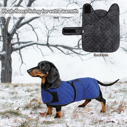 Geyecete - Warm winter coat for Dachshund dogs, dog winter jackets with plush lining, outdoor jackets with adjustable belt and harness hole, for medium and small Dachshunds - Blue - XL