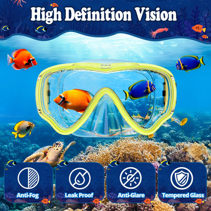 UPhitnis Kids Snorkel Set - Anti-Fog Dive Mask and Dry Snorkel - Leak-proof Dive Mask with Dry Snorkel - Snorkeling Gear for Boys Girls - Pink, Blue, Black, Yellow