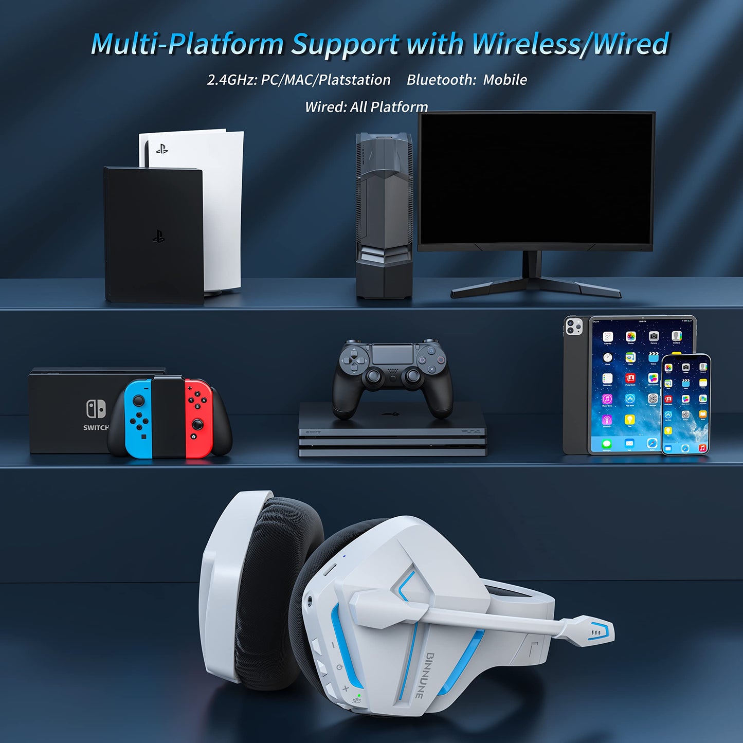 BINNUNE Gaming Headset, Wireless headset for PS4 PS5 PC Playstation 4 5, Gaming headphones with microphone Bluetooth USB Gaming Headset Wireless with 120 hours of battery life.