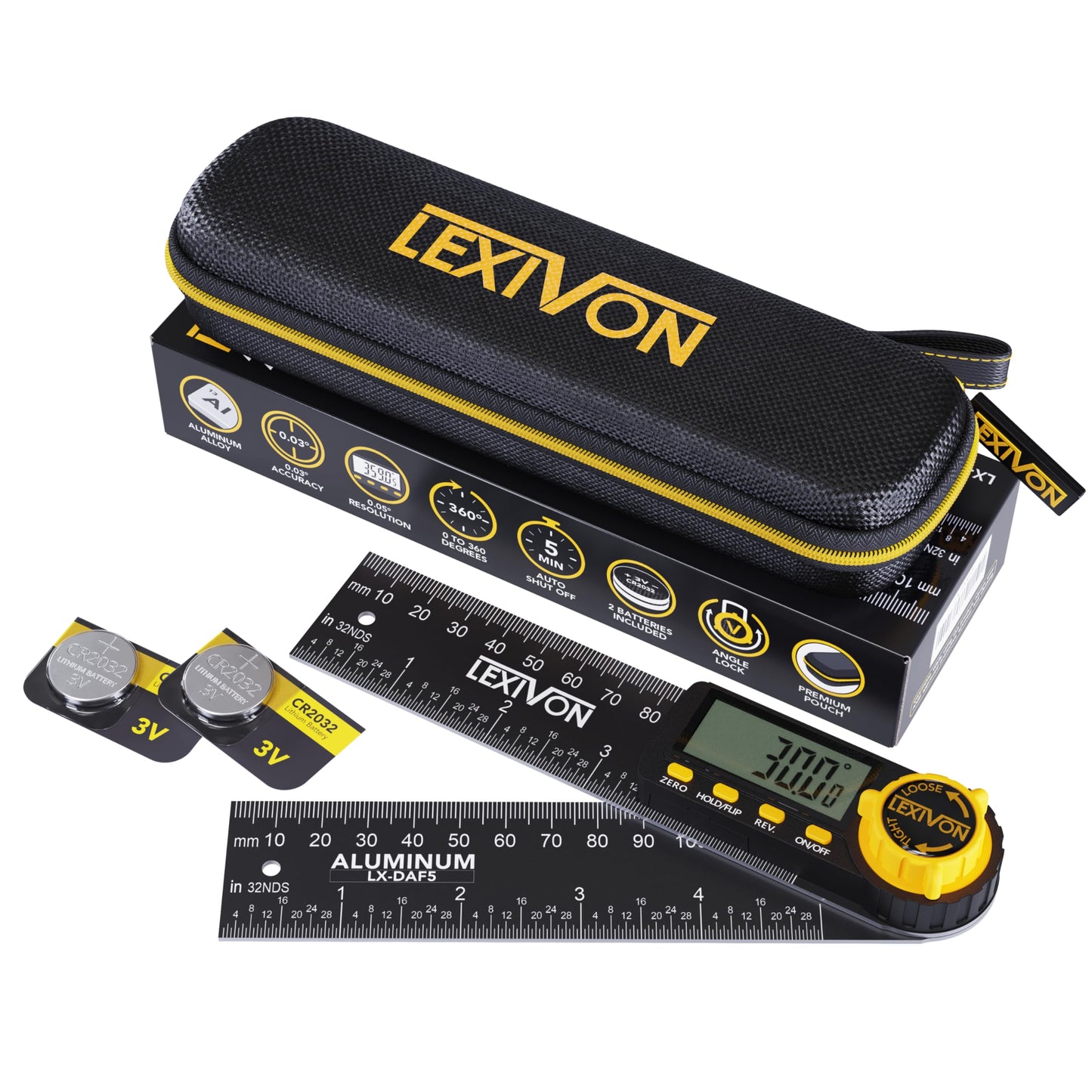 LEXIVON Digital Protractor made of aluminum, 130mm, Digital Angle Finder Multi-Purpose Angle Measuring Tool, includes XL display and durable zippered pouch (LX-DAF5)