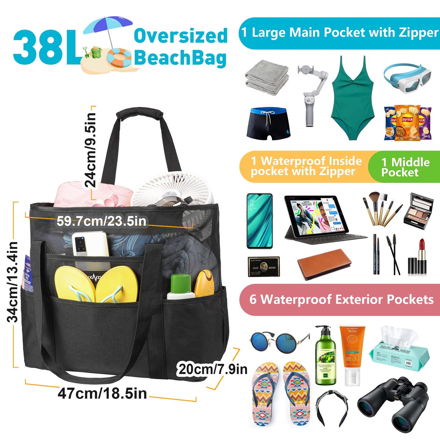 ZUXNZUX Beach Bag XXL Family, Mesh Beach Bag with Zipper, Large Foldable Ultra-light Beach Bag Sand Control, Bag Swim Bag Women Shopper Men for Summer Beach Vacation
