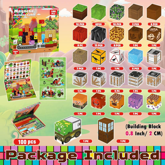 Magnetic building blocks, 100 pieces magnetic building blocks for kids - creative 3D toy with dinosaurs, volcano & natural landscape | Toys for boys aged 5 6 7 8 9 years Building toys for boys aged 3+ years