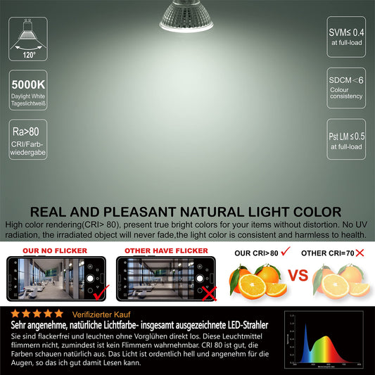 EACLL GU10 LED 5000K 10W 3-Stage Dimmable via Light Switch, 6-Pack, Daylight White 1150 Lumens Replaces 125W, 3 Brightness Levels with Memory Function, 3-in-1 Flicker-free Spotlight Bulb, Dimming without Dimmer.