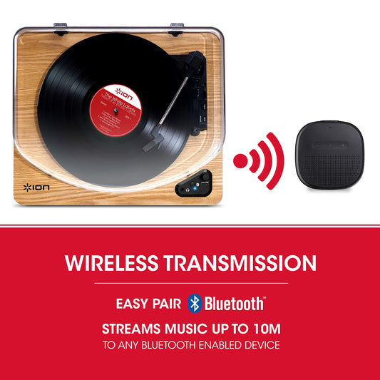 ION Audio Air LP - Vintage USB Bluetooth turntable with three speeds and vinyl to MP3 conversion for Mac/PC, elegant wood finish.