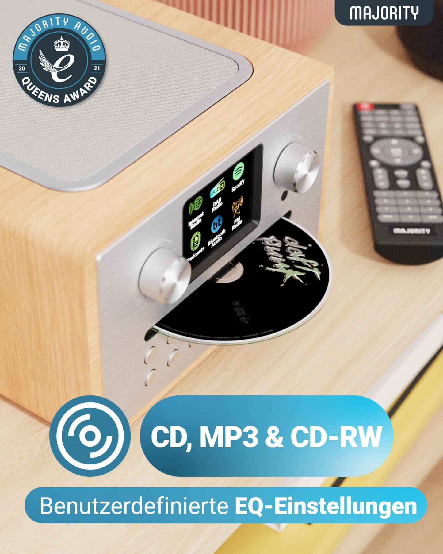 Internet radio with CD player & DAB Plus | Kitchen radio with Bluetooth & FM Radio | Digital radio with Spotify Connect, Podcasts | EQ, color display, includes remote control | MAJORITY Homerton (Oak)