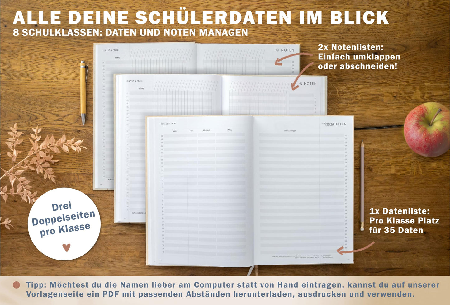 One of the Good Teacher Planners 2025-2026, A4 size, 1 double page per week, academic calendar for school year 25/26, Cream Beige with Flowers, sustainable & climate-neutral.