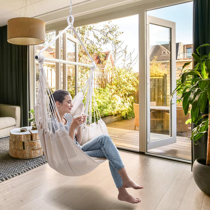 Ohuhu hanging chair with 2 pillows and ceiling hook kit, outdoor XL hanging chair up to 150 kg for adults & girls, hanging seat suspension for indoor/outdoor bedroom and garden (white rice)
